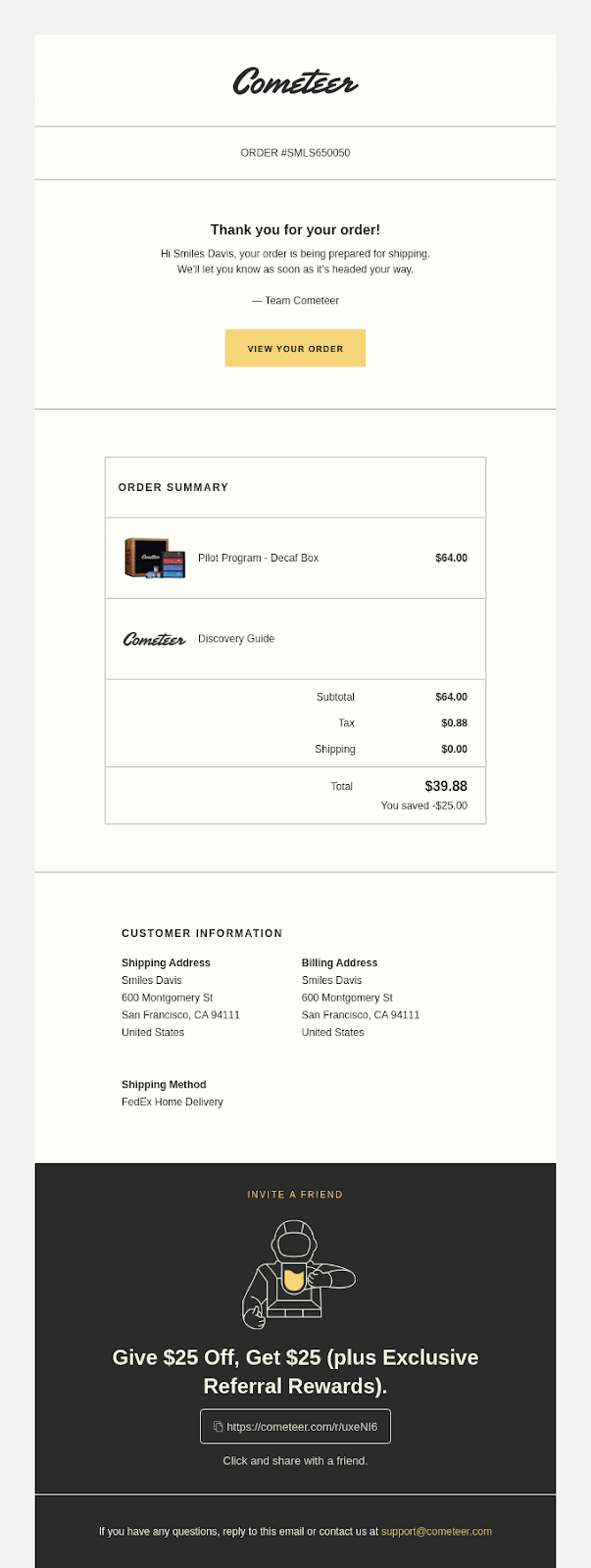 Professional order confirmation email example showing order summary, billing details, shipping information, and customer support contact details